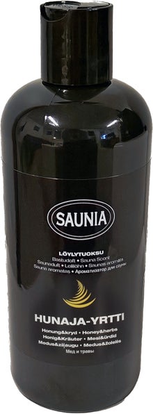 Saunia Hunaja-yrtti -saunatuoksu 500 ml:n pullossa.